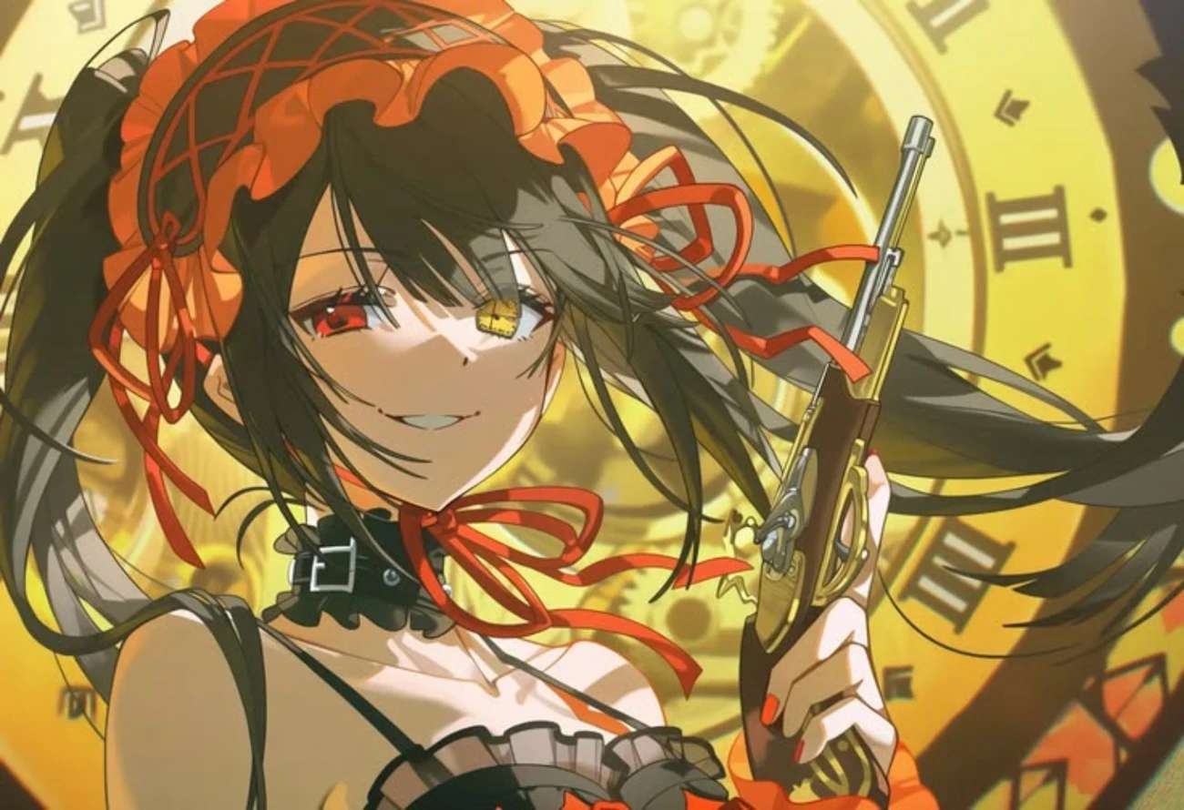 Kurumi Tokisaki against a golden clock, with her signature crimson ribbons